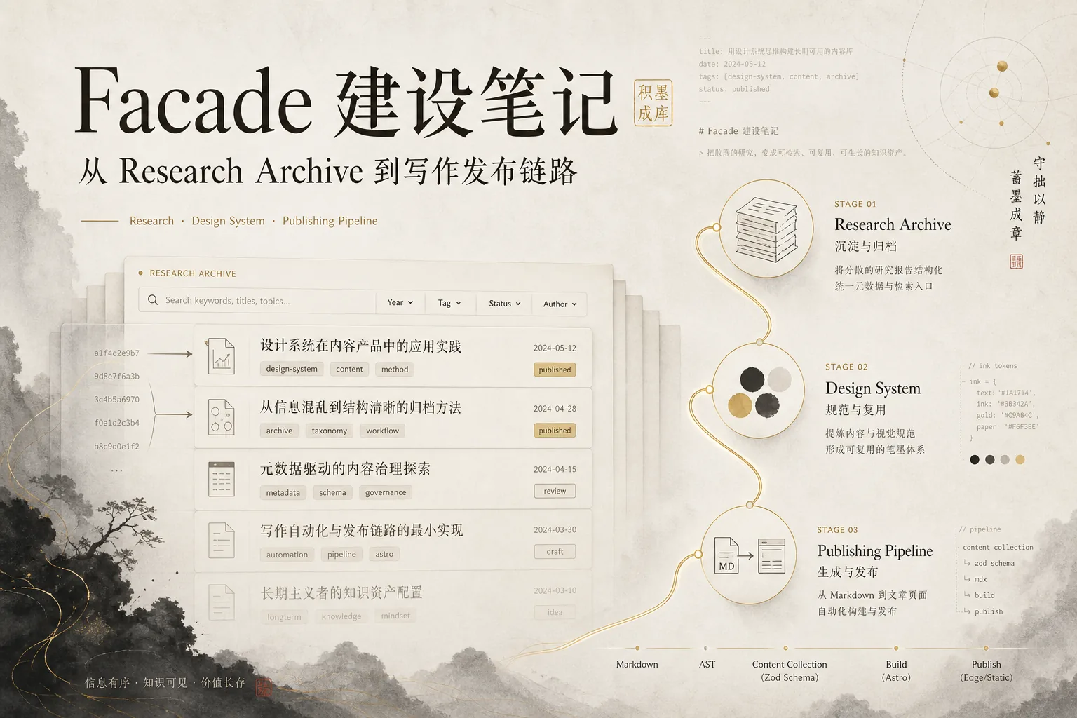 Facade 建设笔记：从 Research Archive 到写作发布链路 · 封面